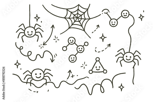 Whimsical Spider Lab. Whimsical doodle spider silk lab with smiling spiders, cartoon silk threads bouncing, cheerful molecular