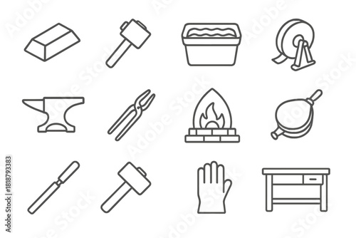 Blacksmith Tools Icons. Line style icons of Blacksmith Tools: Steel Ingot, Hammer, Quenching Tub, Sharpening Stone; Anvil, Tongs,