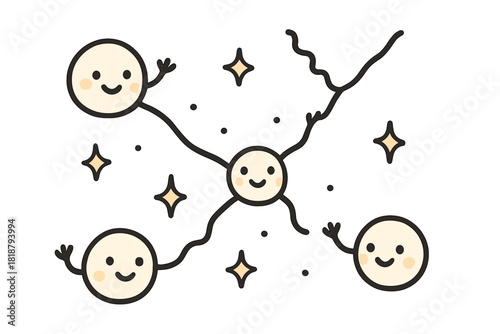 Playful Feynman Diagram. Adorable doodle Feynman diagram with smiling lines and vertices, cartoon particles waving at each other,