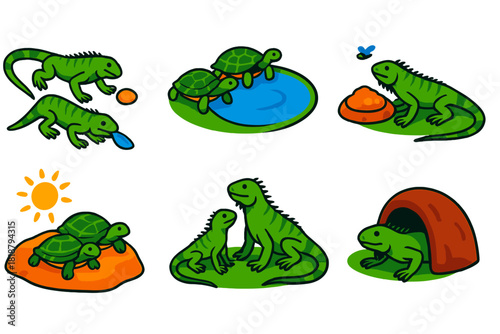 Reptile Social Learning. Isometric vector illustration set Social learning in reptiles: green iguanas copying foraging, pond