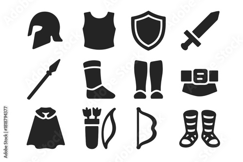 Warrior's Gear Icons. Solid style icons of Warrior’s Gear: Helmet, Breastplate, Shield, Sword, Spear, Arm Guard, Greaves, Belt,