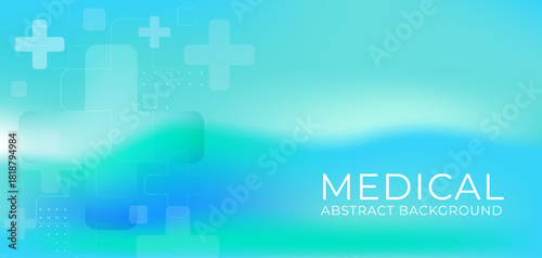 Bright healthcare abstract background with medical crosses and soft blurry gradients. Minimal blue and green horizontal banner for medical technology, science research and digital health platforms