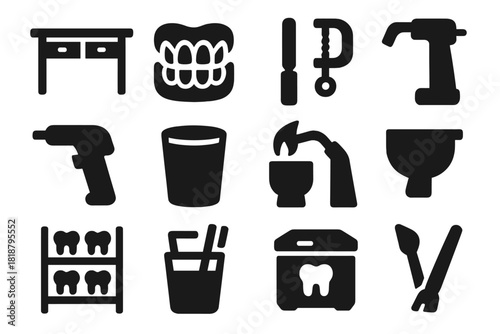 Dental Workshop Icons. Solid style icons of Dental Workshop: Workbench, Mold, File, Clamp, Drill, Cup, Torch, Crucible, Shelf,