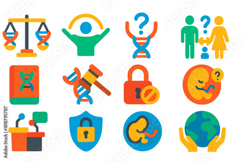 Ethical Icons Collection. Flat vector icons of ethical implications: balance scale DNA, human rights symbol, question mark over