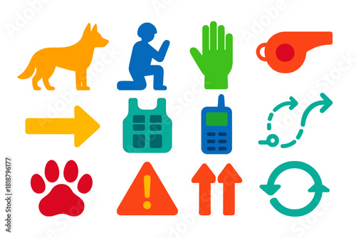 Military Canine Icons. Flat vector icons of tactical communication in military canines: military dog, handler silhouette, hand