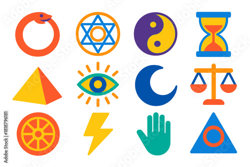Vibrant Metaphysical Icons. Flat vector icons of Metaphysical Symbols: ouroboros snake, sacred geometry, yin yang, hourglass,