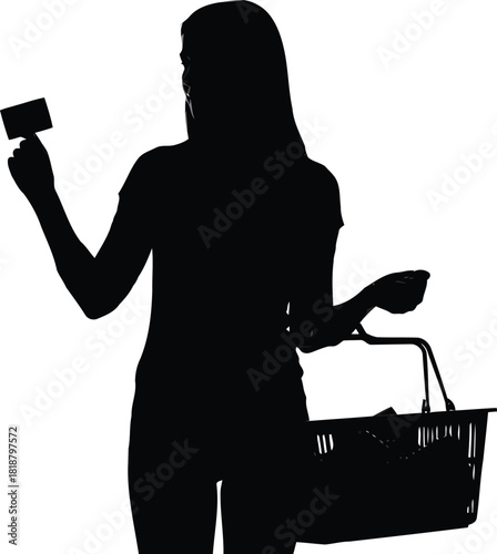 Dynamic silhouette of a female consumer holding a shopping basket and a payment card, illustrating modern retail, e-commerce, and financial transaction concepts