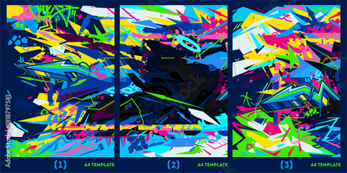 Trendy Colorful Neon Abstract Urban Graffiti Style A4 Posters Vector Illustration Background Templates Set