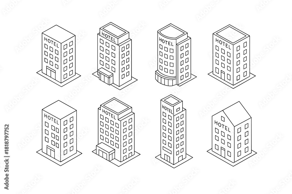 Fototapeta premium Hotel building icon set. City hotel vector pack. Isometric vector hotel illustrations collection.