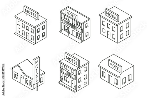 Motel icon set. Roadside motel vector collection. Minimal vector motel illustrations pack.