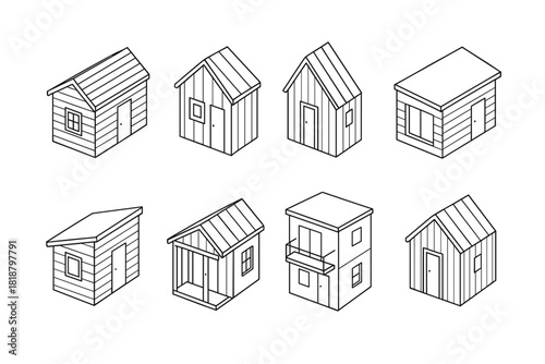 Log cabin icon set. Rustic wood house vector set. Traditional cabins for forest living and outdoor design.