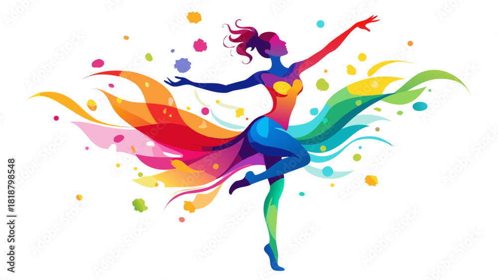 Fototapeta premium Colorful Dancing Woman Silhouette Vector Art – Vibrant Gradient Pose, Artistic Paint Splash Effects, Modern Abstract Dance Illustration