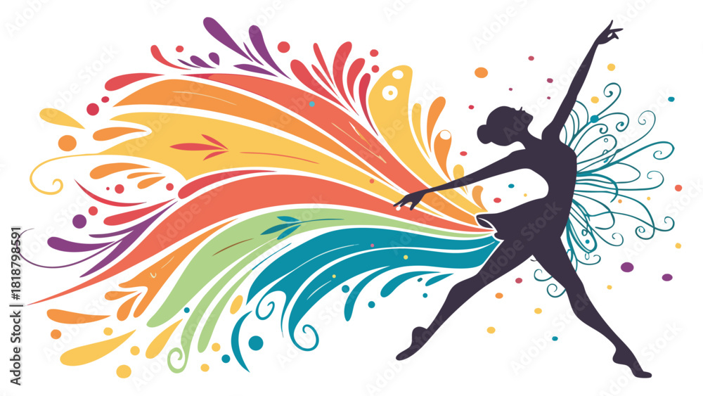Obraz premium Colorful Dancing Woman Silhouette Vector Art – Vibrant Gradient Pose, Artistic Paint Splash Effects, Modern Abstract Dance Illustration