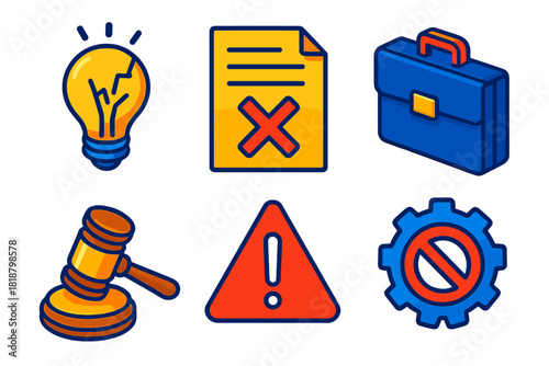 Patent Infringement Icons. Isometric vector illustration set Patent Infringement Cases: broken lightbulb icon, legal document with
