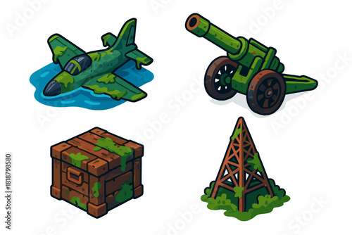 Abandoned Military Equipment. Isometric vector illustration set Abandoned Military Hardware: Submerged fighter plane, weathered