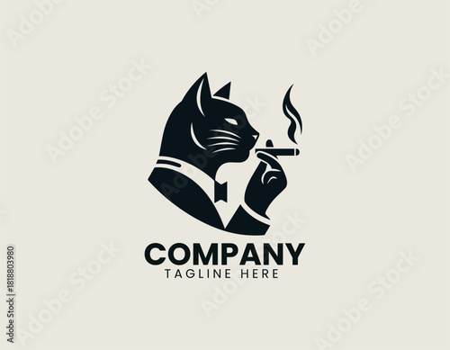 A stylish black cat character icon smoking a small lit cigar with elegant white smoke.
