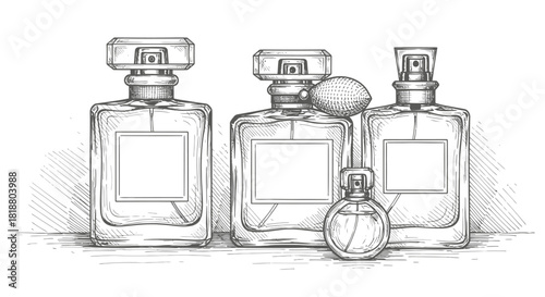Elegant Fragrance Collection Sketch Vintage Style Perfume Bottles Illustration