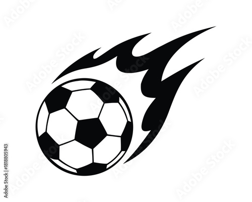 Stylized soccer football ball with dynamic flame speed trail black and white art
