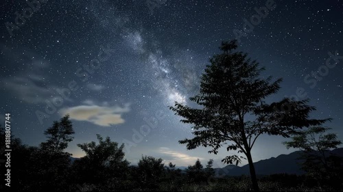 A breathtaking night sky time lapse featuring the glowing Milky Way galaxy moving across the heavens. A large silhouetted tree stands prominently in the foreground against the starry cosmos, creating