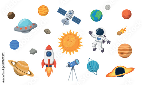 Outer Space Collection of Planet, Spaceships and Astronaut on White