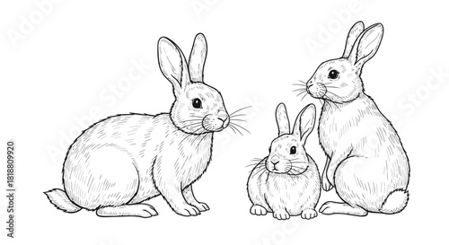 Charming Rabbit Family Portrait A Whimsical Illustration of Three Adorable Bunnies