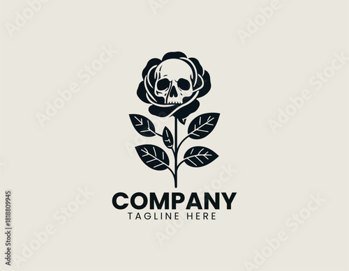 A striking black rose with a human skull intricately integrated into its blooming petals.