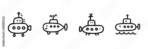 Submarine Line Icon Set In Doodle Style. Underwater Exploration And Marine Navigation Outline Sketch Collection. Nautical Adventure And Oceanic Discovery. Hand Drawn Isolated Vector Illustration