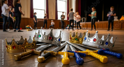 Crowns and toy swords on floor in theater with acting children  