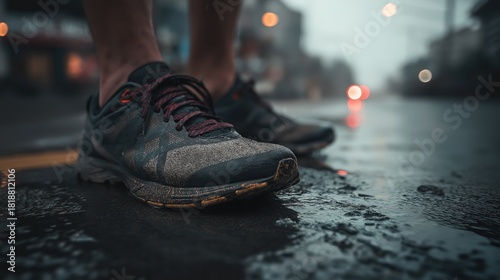 A close-up of a pair of running shoes on a wet street, with blurred city lights in the background, creating a moody atmosphere.