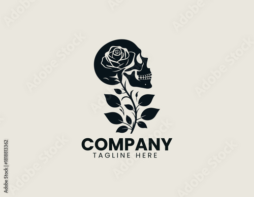 A striking black rose with a human skull intricately integrated into its blooming petals.