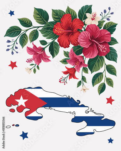 Vibrant Cuba map adorned with tropical hibiscus blooms and national flag, celebrating island beauty