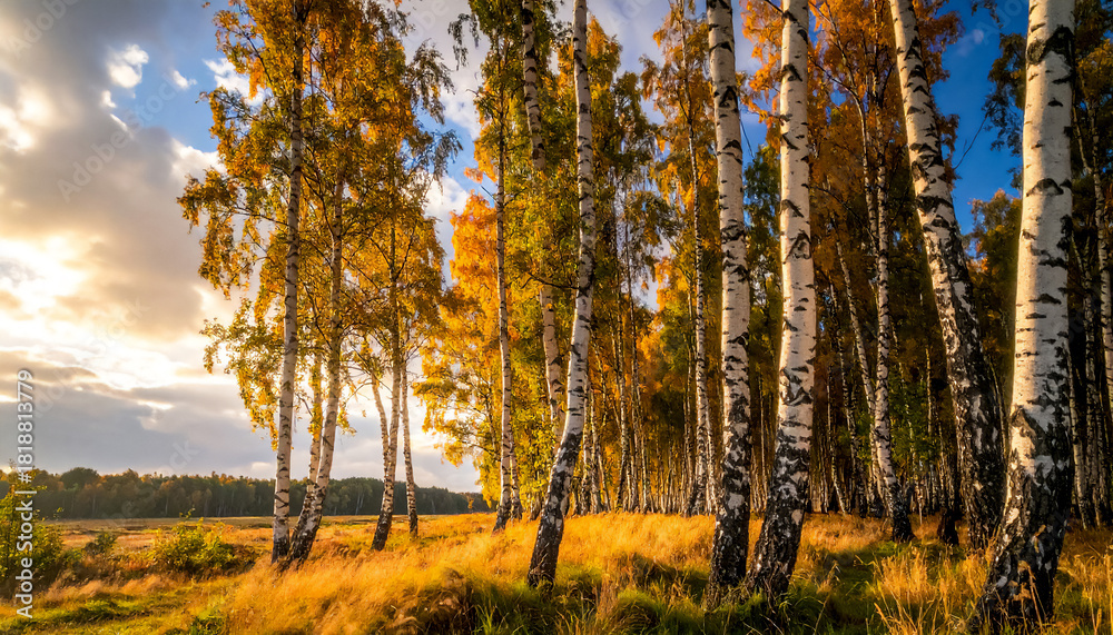 Fototapeta premium Tall trunks of beautiful birches sway in the wind, creating a sense of movement, wallpaper