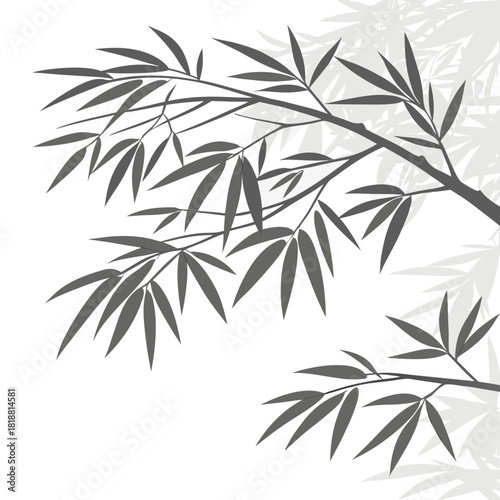 Stylized dark gray bamboo branches and leaves with subtle lighter gray shadows on a clean white background