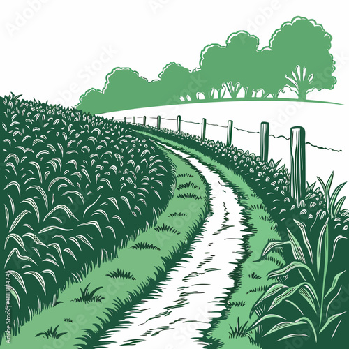 A winding dirt path curves through a lush green field bordered by a wooden fence and mature trees under a clear sky