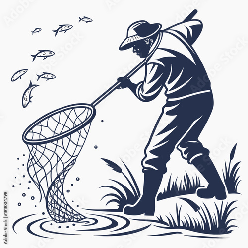 Fisherman wearing a hat and boots uses a net to catch fish in a river surrounded by reeds and grass