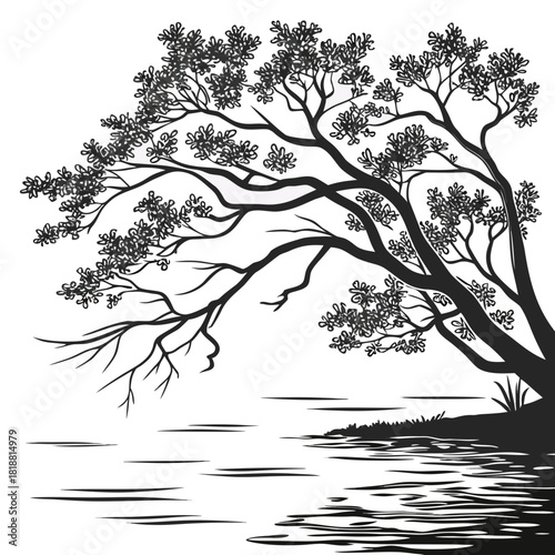Stylized black silhouette of a large tree with dense foliage bending over a calm body of water with reflections