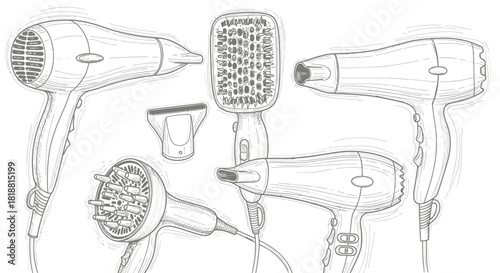 Hair Styling Collection of Hair Dryers in Various Designs and Attachments, a Sketch Style