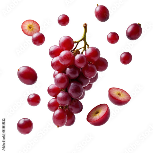 A close-up view of a cluster of red grapes against a white backdrop.