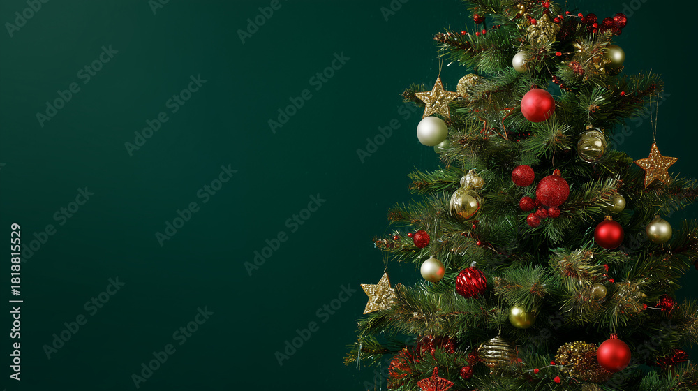 © RNL Fotografia - Árvore de Natal decorada com bolas douradas e vermelhas sobre fundo verde, perfeita para artes festivas, convites e campanhas de fim de ano