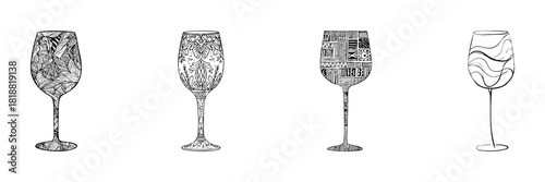 Decorative Wine Glasses Line Icon Set In Doodle Style. Artistic Patterns And Intricate Designs Outline Sketch Collection. Elegant And Creative Glassware. Hand Drawn Isolated Vector Illustration