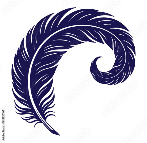 Elegant indigo feather vector illustration isolated on white background for design purposes