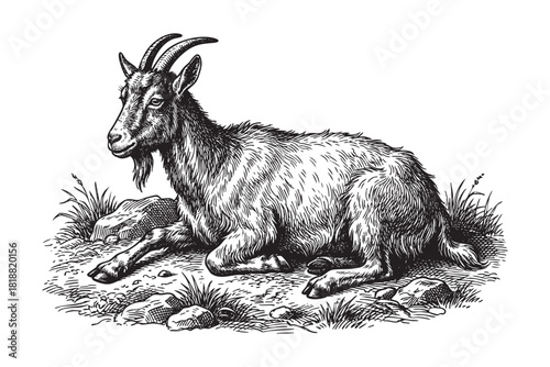 Goat Lying Down Farm Animal Engraving Vector Illustration
