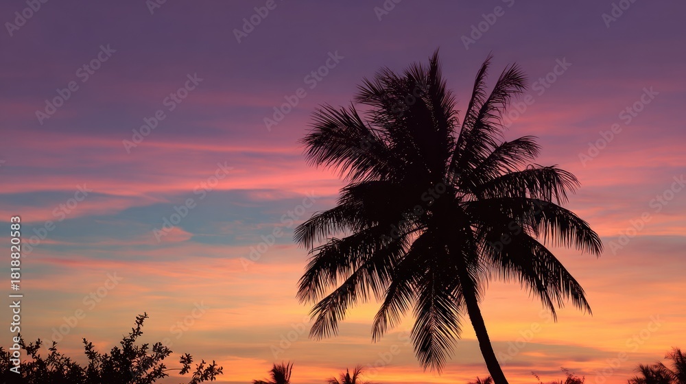 Obraz premium Palm tree silhouette against a vibrant sunset sky in tropical paradise.