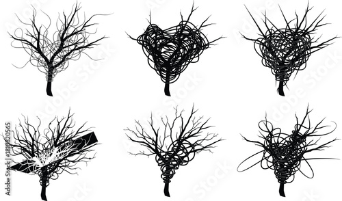 Abstract tangled tree silhouettes with twisted branches, artistic chaotic line shapes, creative nature illustration set for unique design, decoration, and concept art