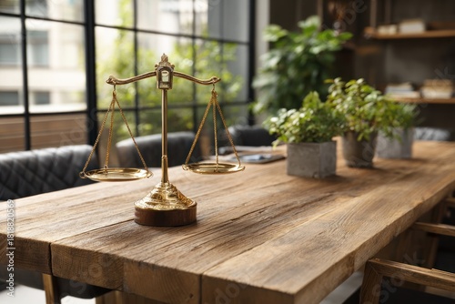 Scales of Justice on Wooden Table in Law Office.