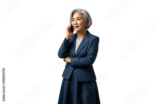 A confident and elegant senior Asian businesswoman in a navy suit talks on a mobile phone