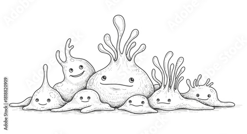 Cartoon Family of Cute Amoeba-like Creatures Gathered Together, Smiling and Happy