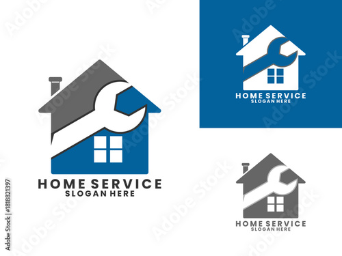 Home service combination with wrench logo design vector template. Home service and repair logo design vector