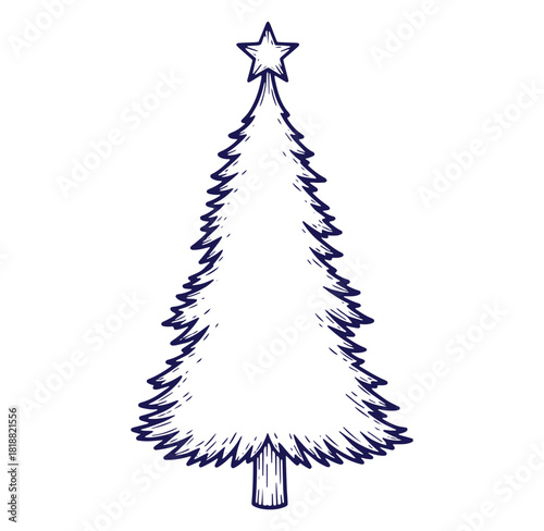 Hand drawn christmas tree with star topper in ink sketch style on white background