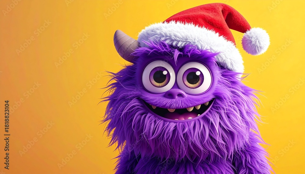 Fototapeta premium flauschiges lila Cartoon Monster mit Weihnachtsmannmütze und großen Augen - vor einem orangenen Hintergrund und Platz für eigenen Text